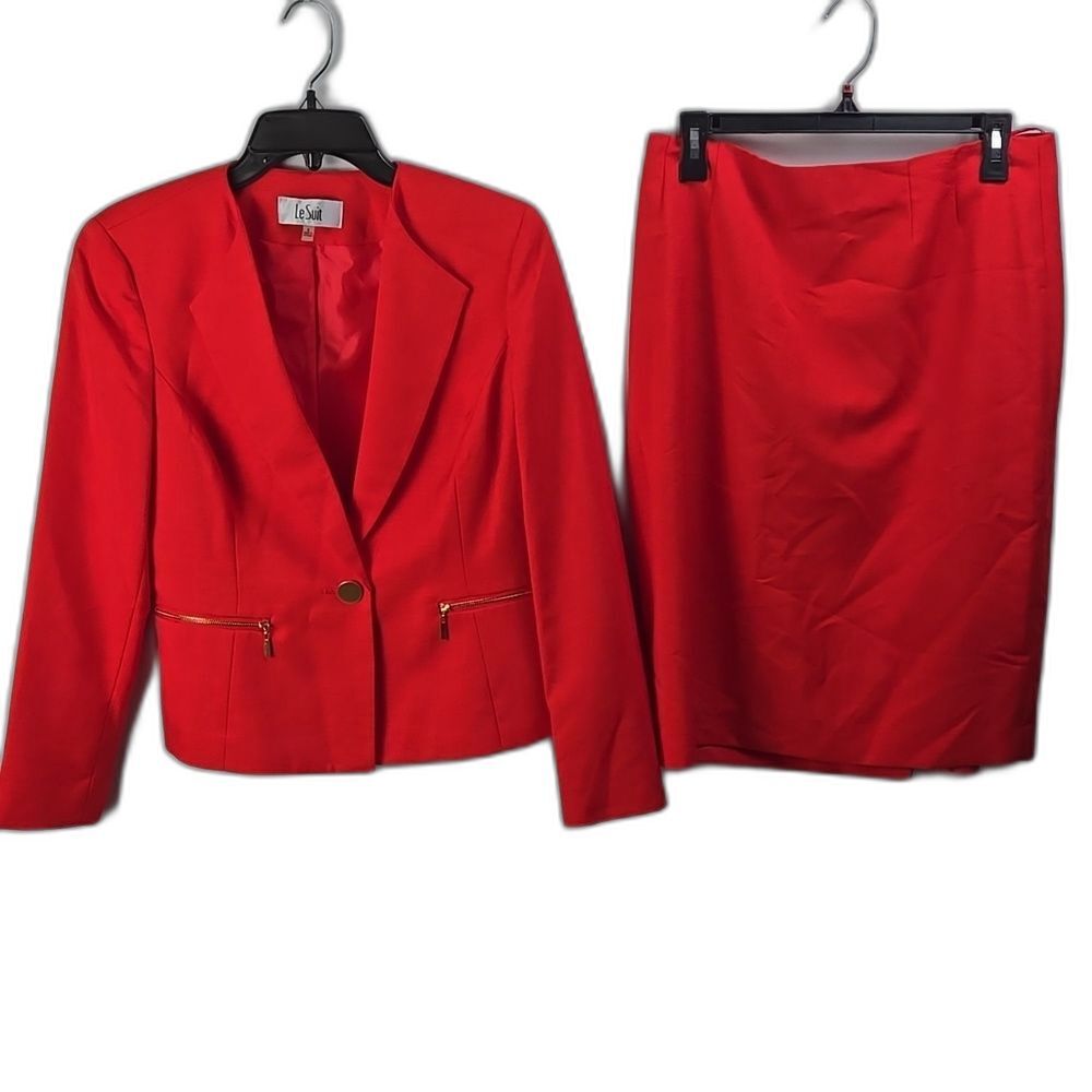 Le Suit Womens Red 2 Pc Blazer Skirt Suit Sz 8 Career Business Professional Work
